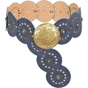 Woman's Western PU Leather Belts Concho Disc Wide Waist Belt Denim Bronze Buckle